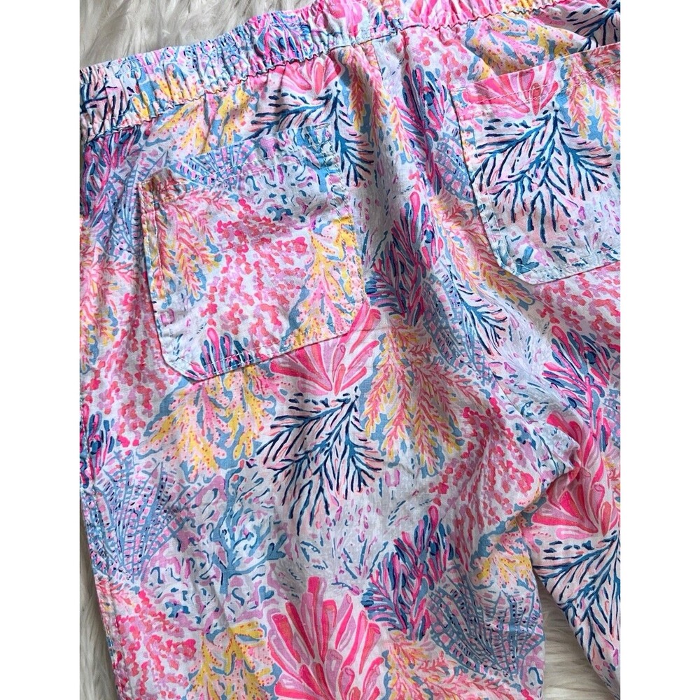 Lilly Pulitzer Taron 100% Linen Pants M Coastal Coral Print Drawstring Pull On - Picture 13 of 15